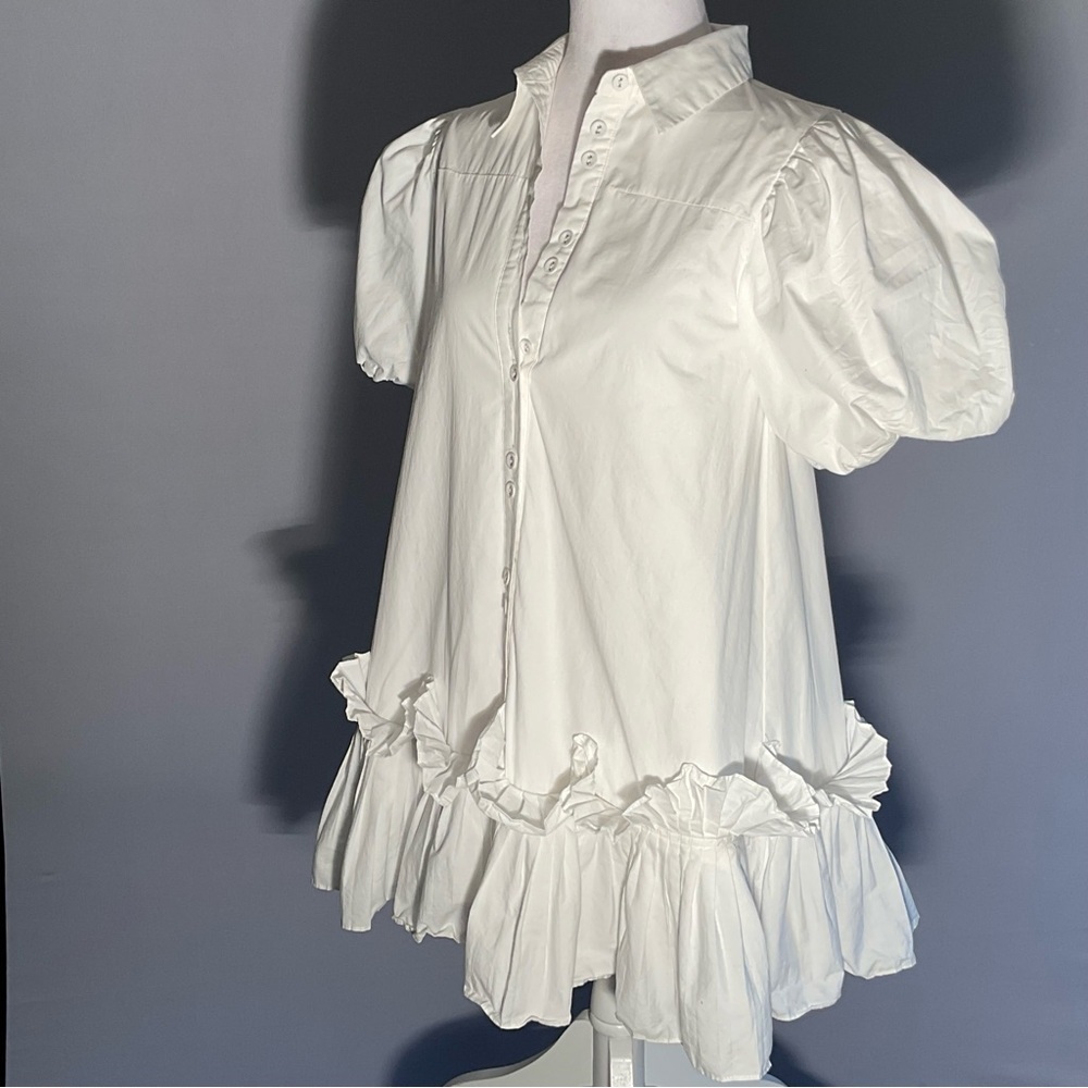 Areum White Puff Sleeve Mini Dress Graduation Bridal Shower Cottage Core XS - Picture 9 of 16